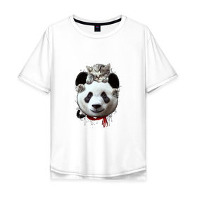 Мужская футболка хлопок Oversize с принтом Панда и котенок в Новосибирске, 100% хлопок | свободный крой, круглый ворот, “спинка” длиннее передней части | Тематика изображения на принте: cat | panda | добро | друг | животные | кот | котенок | кошка | лучший | медведь | милый | мишка | нежный | панда