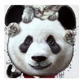 Магнитный плакат 3Х3 с принтом Панда и котенок в Новосибирске, Полимерный материал с магнитным слоем | 9 деталей размером 9*9 см | Тематика изображения на принте: cat | panda | добро | друг | животные | кот | котенок | кошка | лучший | медведь | милый | мишка | нежный | панда