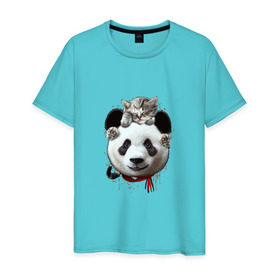 Мужская футболка хлопок с принтом Панда и котенок в Новосибирске, 100% хлопок | прямой крой, круглый вырез горловины, длина до линии бедер, слегка спущенное плечо. | cat | panda | добро | друг | животные | кот | котенок | кошка | лучший | медведь | милый | мишка | нежный | панда