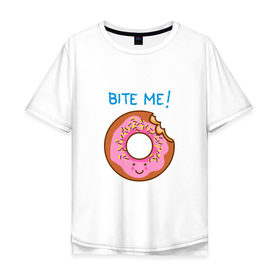 Мужская футболка хлопок Oversize с принтом Укуси меня в Новосибирске, 100% хлопок | свободный крой, круглый ворот, “спинка” длиннее передней части | bart | donut | food | homer | simpsons | аппетит | барт | гомер | еда | мультфильм | пончик | симпсоны | сладкий
