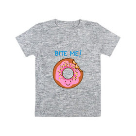 Детская футболка хлопок с принтом Укуси меня в Новосибирске, 100% хлопок | круглый вырез горловины, полуприлегающий силуэт, длина до линии бедер | bart | donut | food | homer | simpsons | аппетит | барт | гомер | еда | мультфильм | пончик | симпсоны | сладкий