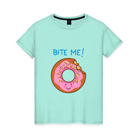 Женская футболка хлопок с принтом Укуси меня в Новосибирске, 100% хлопок | прямой крой, круглый вырез горловины, длина до линии бедер, слегка спущенное плечо | bart | donut | food | homer | simpsons | аппетит | барт | гомер | еда | мультфильм | пончик | симпсоны | сладкий