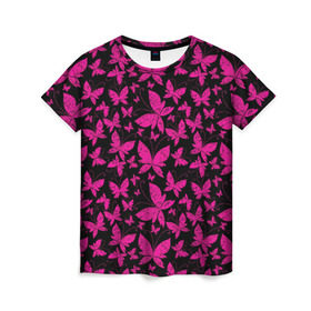 Женская футболка 3D с принтом Розовые бабочки в Новосибирске, 100% полиэфир ( синтетическое хлопкоподобное полотно) | прямой крой, круглый вырез горловины, длина до линии бедер | butterflies | pink | бабочки | красота | крылья | нежность | орнамент | розовый | узор