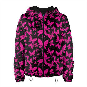 Женская куртка 3D с принтом Розовые бабочки в Новосибирске, ткань верха — 100% полиэстер, подклад — флис | прямой крой, подол и капюшон оформлены резинкой с фиксаторами, два кармана без застежек по бокам, один большой потайной карман на груди. Карман на груди застегивается на липучку | butterflies | pink | бабочки | красота | крылья | нежность | орнамент | розовый | узор