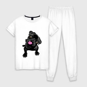 Женская пижама хлопок с принтом Забавный мопсик в Новосибирске, 100% хлопок | брюки и футболка прямого кроя, без карманов, на брюках мягкая резинка на поясе и по низу штанин | animal | dog | pet | pug | puppy | арт | животные | милые | мопс | пес | собаки | французский бульдог
