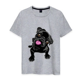 Мужская футболка хлопок с принтом Забавный мопсик в Новосибирске, 100% хлопок | прямой крой, круглый вырез горловины, длина до линии бедер, слегка спущенное плечо. | Тематика изображения на принте: animal | dog | pet | pug | puppy | арт | животные | милые | мопс | пес | собаки | французский бульдог