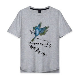 Мужская футболка хлопок Oversize с принтом Ласточка в Новосибирске, 100% хлопок | свободный крой, круглый ворот, “спинка” длиннее передней части | весна | колибри | крылья | мызыка | ноты | пение | перо | перышко | перья