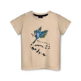 Детская футболка хлопок с принтом Ласточка в Новосибирске, 100% хлопок | круглый вырез горловины, полуприлегающий силуэт, длина до линии бедер | весна | колибри | крылья | мызыка | ноты | пение | перо | перышко | перья