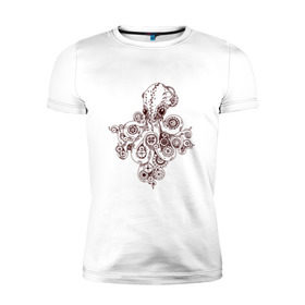 Мужская футболка премиум с принтом Steampunk octopus в Новосибирске, 92% хлопок, 8% лайкра | приталенный силуэт, круглый вырез ворота, длина до линии бедра, короткий рукав | gear | octopus | sea | steampunk | арт | осьминог | стимпанк | шестеренка