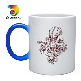 Кружка хамелеон с принтом Steampunk octopus в Новосибирске, керамика | меняет цвет при нагревании, емкость 330 мл | gear | octopus | sea | steampunk | арт | осьминог | стимпанк | шестеренка