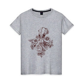 Женская футболка хлопок с принтом Steampunk octopus в Новосибирске, 100% хлопок | прямой крой, круглый вырез горловины, длина до линии бедер, слегка спущенное плечо | gear | octopus | sea | steampunk | арт | осьминог | стимпанк | шестеренка