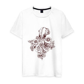 Мужская футболка хлопок с принтом Steampunk octopus в Новосибирске, 100% хлопок | прямой крой, круглый вырез горловины, длина до линии бедер, слегка спущенное плечо. | Тематика изображения на принте: gear | octopus | sea | steampunk | арт | осьминог | стимпанк | шестеренка