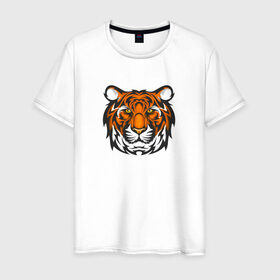 Мужская футболка хлопок с принтом ТИГР в Новосибирске, 100% хлопок | прямой крой, круглый вырез горловины, длина до линии бедер, слегка спущенное плечо. | агрессия | голова | кошка | сила | тигр | хищник