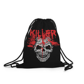 Рюкзак-мешок 3D с принтом Killer в Новосибирске, 100% полиэстер | плотность ткани — 200 г/м2, размер — 35 х 45 см; лямки — толстые шнурки, застежка на шнуровке, без карманов и подкладки | blood | dead | death | drops | fear | halloween | happy | holiday | killer | red | skull | splashes | брызги | капли | красный | кровь | мертвый | праздник | счастливый | хэллоуин | череп