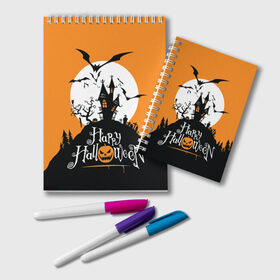 Блокнот с принтом Happy Halloween в Новосибирске, 100% бумага | 48 листов, плотность листов — 60 г/м2, плотность картонной обложки — 250 г/м2. Листы скреплены удобной пружинной спиралью. Цвет линий — светло-серый
 | Тематика изображения на принте: cemetery | corpse | flying | forest | gallows | halloween | happy | holiday | house | mice | moon | night | owl | pumpkin | silhouette | tree | виселица | дерево | дом | кладбище | ле | летучие | луна | мертвец | мыши | ночь | праздник | силуэт | сова | с