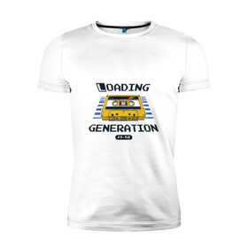 Мужская футболка премиум с принтом Loading Generation в Новосибирске, 92% хлопок, 8% лайкра | приталенный силуэт, круглый вырез ворота, длина до линии бедра, короткий рукав | Тематика изображения на принте: 1982 | аудиокассета | загрузка | кассета | поколение