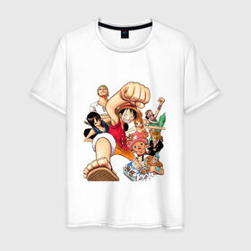 Мужская футболка хлопок с принтом Ван-Пис в Новосибирске, 100% хлопок | прямой крой, круглый вырез горловины, длина до линии бедер, слегка спущенное плечо. | one piece | onepiece | большой куш | ван пис | ванпис | король пиратов | луфи | луффи