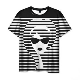 Мужская футболка 3D с принтом Pop art girl в Новосибирске, 100% полиэфир | прямой крой, круглый вырез горловины, длина до линии бедер | abstraction | background | band | black and white | fashion | girl | hair | pop art | silhouette | style | абстракция | девушка | мода | очки | полосы | поп  арт | прическа | силуэт | стиль | фон | черно  белый