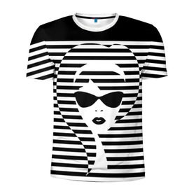 Мужская футболка 3D спортивная с принтом Pop art girl в Новосибирске, 100% полиэстер с улучшенными характеристиками | приталенный силуэт, круглая горловина, широкие плечи, сужается к линии бедра | abstraction | background | band | black and white | fashion | girl | hair | pop art | silhouette | style | абстракция | девушка | мода | очки | полосы | поп  арт | прическа | силуэт | стиль | фон | черно  белый