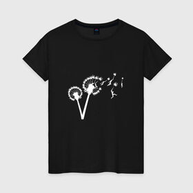 Женская футболка хлопок с принтом Одуванчик и человечки в Новосибирске, 100% хлопок | прямой крой, круглый вырез горловины, длина до линии бедер, слегка спущенное плечо | ветер | дунул | дуть | легкий | люди | маленький | одуван | полет | прыжок | стебель | цветок | человек