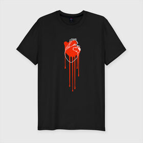 Мужская футболка премиум с принтом Живое сердце в Новосибирске, 92% хлопок, 8% лайкра | приталенный силуэт, круглый вырез ворота, длина до линии бедра, короткий рукав | кали | кровь | поток | сердце | стекает | струя