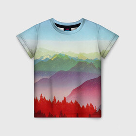 Детская футболка 3D с принтом Радужный пейзаж в Новосибирске, 100% гипоаллергенный полиэфир | прямой крой, круглый вырез горловины, длина до линии бедер, чуть спущенное плечо, ткань немного тянется | горы | деревья | дождь | лес | массив | небо | природа | рельеф | скалы | яркий