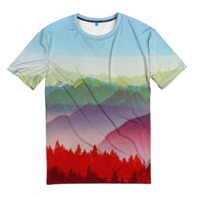 Мужская футболка 3D с принтом Радужный пейзаж в Новосибирске, 100% полиэфир | прямой крой, круглый вырез горловины, длина до линии бедер | Тематика изображения на принте: горы | деревья | дождь | лес | массив | небо | природа | рельеф | скалы | яркий
