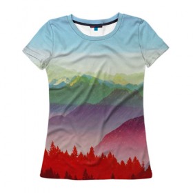 Женская футболка 3D с принтом Радужный пейзаж в Новосибирске, 100% полиэфир ( синтетическое хлопкоподобное полотно) | прямой крой, круглый вырез горловины, длина до линии бедер | горы | деревья | дождь | лес | массив | небо | природа | рельеф | скалы | яркий