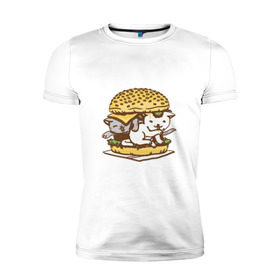 Мужская футболка премиум с принтом Котбургер в Новосибирске, 92% хлопок, 8% лайкра | приталенный силуэт, круглый вырез ворота, длина до линии бедра, короткий рукав | булка | бургер | гамбургер | детский | еда | животные | картинка | кот | коте | котенок | котята | кошка | милые | рисунок | смешные | сыр | чизбургер