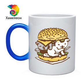 Кружка хамелеон с принтом Котбургер в Новосибирске, керамика | меняет цвет при нагревании, емкость 330 мл | булка | бургер | гамбургер | детский | еда | животные | картинка | кот | коте | котенок | котята | кошка | милые | рисунок | смешные | сыр | чизбургер