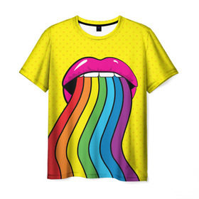 Мужская футболка 3D с принтом Pop art в Новосибирске, 100% полиэфир | прямой крой, круглый вырез горловины, длина до линии бедер | fun | lip color | mouth | pop art | rainbow | reggae | spectrum | style | summer | teeth | yellow | веселье | губы | желтый | зубы | лето | поп арт | радуга | рот | спектр | стиль | цвет
