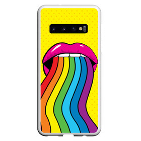 Чехол для Samsung Galaxy S10 с принтом Pop art в Новосибирске, Силикон | Область печати: задняя сторона чехла, без боковых панелей | fun | lip color | mouth | pop art | rainbow | reggae | spectrum | style | summer | teeth | yellow | веселье | губы | желтый | зубы | лето | поп арт | радуга | рот | спектр | стиль | цвет