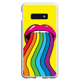 Чехол для Samsung S10E с принтом Pop art в Новосибирске, Силикон | Область печати: задняя сторона чехла, без боковых панелей | fun | lip color | mouth | pop art | rainbow | reggae | spectrum | style | summer | teeth | yellow | веселье | губы | желтый | зубы | лето | поп арт | радуга | рот | спектр | стиль | цвет