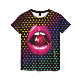 Женская футболка 3D с принтом Pop art в Новосибирске, 100% полиэфир ( синтетическое хлопкоподобное полотно) | прямой крой, круглый вырез горловины, длина до линии бедер | cherry | colorful | fashion | funny | gesture | lips | lipstick | makeup | mouth | pop art | rainbow | style | веселый | вишенка | вишня | губы | жест | зубы | клубный | любовь | макияж | мода | помада | поп арт | прикольный | радуга | рот | стиль | страс