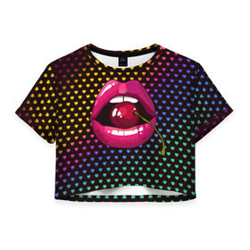 Женская футболка 3D укороченная с принтом Pop art в Новосибирске, 100% полиэстер | круглая горловина, длина футболки до линии талии, рукава с отворотами | cherry | colorful | fashion | funny | gesture | lips | lipstick | makeup | mouth | pop art | rainbow | style | веселый | вишенка | вишня | губы | жест | зубы | клубный | любовь | макияж | мода | помада | поп арт | прикольный | радуга | рот | стиль | страс