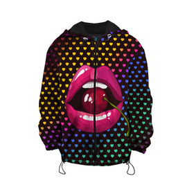 Детская куртка 3D с принтом Pop art в Новосибирске, 100% полиэстер | застежка — молния, подол и капюшон оформлены резинкой с фиксаторами, по бокам — два кармана без застежек, один потайной карман на груди, плотность верхнего слоя — 90 г/м2; плотность флисового подклада — 260 г/м2 | cherry | colorful | fashion | funny | gesture | lips | lipstick | makeup | mouth | pop art | rainbow | style | веселый | вишенка | вишня | губы | жест | зубы | клубный | любовь | макияж | мода | помада | поп арт | прикольный | радуга | рот | стиль | страс