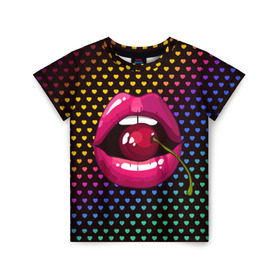Детская футболка 3D с принтом Pop art в Новосибирске, 100% гипоаллергенный полиэфир | прямой крой, круглый вырез горловины, длина до линии бедер, чуть спущенное плечо, ткань немного тянется | Тематика изображения на принте: cherry | colorful | fashion | funny | gesture | lips | lipstick | makeup | mouth | pop art | rainbow | style | веселый | вишенка | вишня | губы | жест | зубы | клубный | любовь | макияж | мода | помада | поп арт | прикольный | радуга | рот | стиль | страс