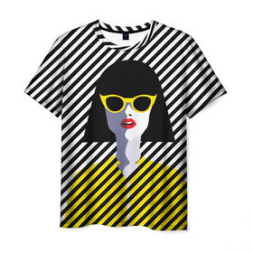 Мужская футболка 3D с принтом Pop art girl в Новосибирске, 100% полиэфир | прямой крой, круглый вырез горловины, длина до линии бедер | Тематика изображения на принте: abstraction | bright | color | fashion | hair | lines | lips | pop art | rack | red | style | yellow | абстракция | губы | желтый | каре | красный | линии | мода | очки | поп арт | прическа | стиль | цвет | яркий