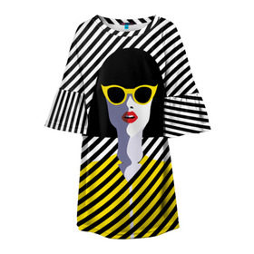 Детское платье 3D с принтом Pop art girl в Новосибирске, 100% полиэстер | прямой силуэт, чуть расширенный к низу. Круглая горловина, на рукавах — воланы | Тематика изображения на принте: abstraction | bright | color | fashion | hair | lines | lips | pop art | rack | red | style | yellow | абстракция | губы | желтый | каре | красный | линии | мода | очки | поп арт | прическа | стиль | цвет | яркий