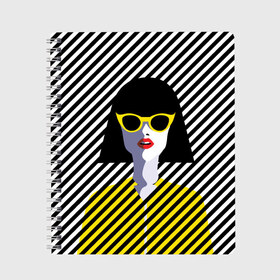 Тетрадь с принтом Pop art girl в Новосибирске, 100% бумага | 48 листов, плотность листов — 60 г/м2, плотность картонной обложки — 250 г/м2. Листы скреплены сбоку удобной пружинной спиралью. Уголки страниц и обложки скругленные. Цвет линий — светло-серый
 | Тематика изображения на принте: abstraction | bright | color | fashion | hair | lines | lips | pop art | rack | red | style | yellow | абстракция | губы | желтый | каре | красный | линии | мода | очки | поп арт | прическа | стиль | цвет | яркий