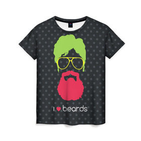Женская футболка 3D с принтом I like beards в Новосибирске, 100% полиэфир ( синтетическое хлопкоподобное полотно) | прямой крой, круглый вырез горловины, длина до линии бедер | acid | background | beard | bright | club | color | face | fashion | head | hipster | male | mustache | p | pop art | style | борода | голова | горох | кислотный | клубный | лицо | мода | мужчина | очки | поп арт | стиль | усы | фон | хипстер | 