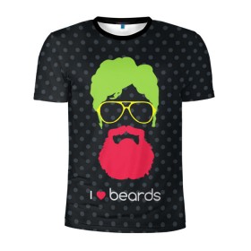 Мужская футболка 3D спортивная с принтом I like beards в Новосибирске, 100% полиэстер с улучшенными характеристиками | приталенный силуэт, круглая горловина, широкие плечи, сужается к линии бедра | Тематика изображения на принте: acid | background | beard | bright | club | color | face | fashion | head | hipster | male | mustache | p | pop art | style | борода | голова | горох | кислотный | клубный | лицо | мода | мужчина | очки | поп арт | стиль | усы | фон | хипстер | 