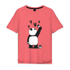 Мужская футболка хлопок Oversize с принтом Панда наследил в Новосибирске, 100% хлопок | свободный крой, круглый ворот, “спинка” длиннее передней части | бамбук | бамбуковый медведь | банка | животное | зубы | капли | когти | краска | красная книга | лапы | мишка | панда | подтеки | прикол | прикольный | рисует | следы | черный | япония