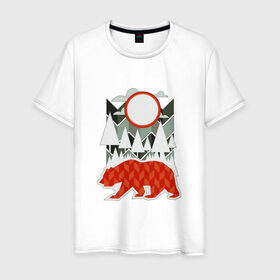 Мужская футболка хлопок с принтом Осторожно, медведь в Новосибирске, 100% хлопок | прямой крой, круглый вырез горловины, длина до линии бедер, слегка спущенное плечо. | геометрические | геометрия | деревья | дорожный | животное | зверь | знак | медведь | мишка | облака | рисунок | треугольники | фигуры