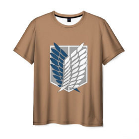 Мужская футболка 3D с принтом Атака Титанов (эмблема) #3 в Новосибирске, 100% полиэфир | прямой крой, круглый вырез горловины, длина до линии бедер | attack on titan | shingeki no kyojin | атака титанов | белый | коричневый | серый | синий | эмблема разведчиков