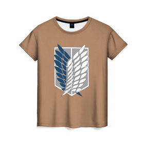 Женская футболка 3D с принтом Атака Титанов (эмблема) #3 в Новосибирске, 100% полиэфир ( синтетическое хлопкоподобное полотно) | прямой крой, круглый вырез горловины, длина до линии бедер | attack on titan | shingeki no kyojin | атака титанов | белый | коричневый | серый | синий | эмблема разведчиков
