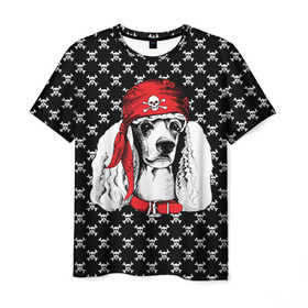 Мужская футболка 3D с принтом Пудель пират в Новосибирске, 100% полиэфир | прямой крой, круглый вырез горловины, длина до линии бедер | animal | dog | pet | puppy | skull | арт | животные | пес | пират | пудель | собаки | текстура | череп
