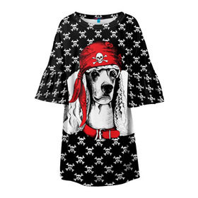 Детское платье 3D с принтом Пудель пират в Новосибирске, 100% полиэстер | прямой силуэт, чуть расширенный к низу. Круглая горловина, на рукавах — воланы | Тематика изображения на принте: animal | dog | pet | puppy | skull | арт | животные | пес | пират | пудель | собаки | текстура | череп