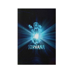 Обложка для паспорта матовая кожа с принтом Группа Nirvana в Новосибирске, натуральная матовая кожа | размер 19,3 х 13,7 см; прозрачные пластиковые крепления | kurt cobain | nirvana | вечная память | гитара | гранж | кумир | курт кобейн | лучи | микрофон | музыкант | надпись | нирвана | певец | рок | свет