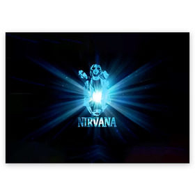 Поздравительная открытка с принтом Группа Nirvana в Новосибирске, 100% бумага | плотность бумаги 280 г/м2, матовая, на обратной стороне линовка и место для марки
 | kurt cobain | nirvana | вечная память | гитара | гранж | кумир | курт кобейн | лучи | микрофон | музыкант | надпись | нирвана | певец | рок | свет